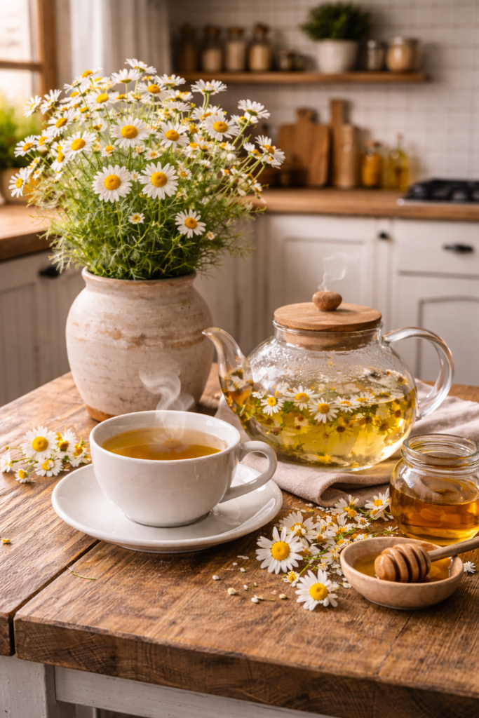 Fiori di camomilla in vaso con teiera di vetro e tazza fumante su tavolo rustico moderno in cucina calda e accogliente