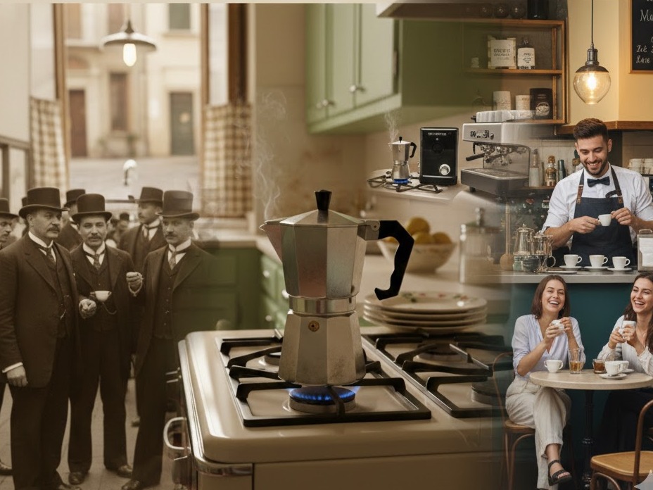 Evoluzione caffè italiano: dalla moka tradizionale alla macchina espresso moderna, un rito quotidiano tra storia e attualità.
