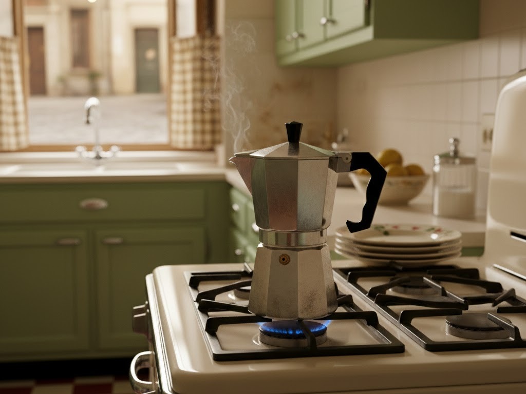 Una moka d'acciaio sul fornello acceso di una cucina anni 50 emette vapore, evocando il rito del caffè italiano quotidiano