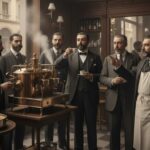 Come nasce l'espresso italiano? Uomini in un caffè storico osservano una macchina a vapore d'epoca per la bevanda nazionale.
