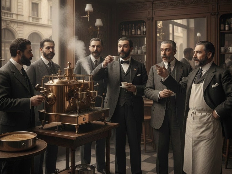 Come nasce l'espresso italiano? Uomini in un caffè storico osservano una macchina a vapore d'epoca per la bevanda nazionale.