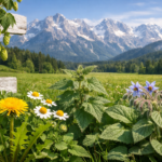 rato alpino con piante spontanee in primo piano e luppolo su staccionata, davanti alle Alpi boscose sotto cielo sereno