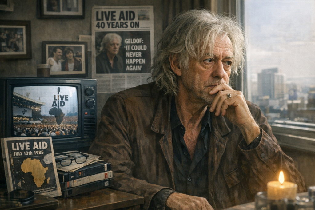 Bob Geldof riflette sui 40 anni del Live Aid: memoria, musica e attivismo globale davanti alle immagini del concerto storico