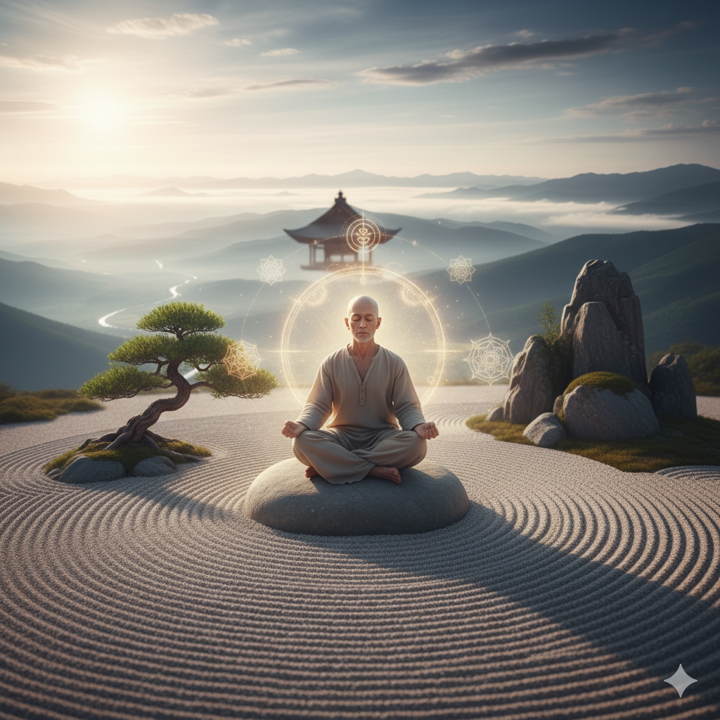 La Filosofia Zen la Via all’Illuminazione Interiore. Rappresenta un uomo in meditazione con la filosofia Zen.