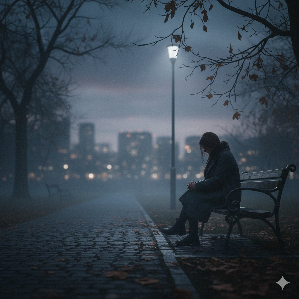 La Solitudine-Isolamento. Rappresenta una persona seduta su una panchina sola isolata.