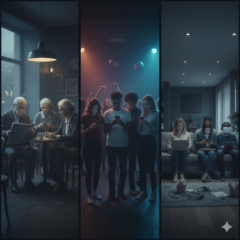 La Solitudine-Isolamento. Rappresenta. Gruppi di persone che pur insieme sono isolati, perché sono intenti al cellulare o computer.