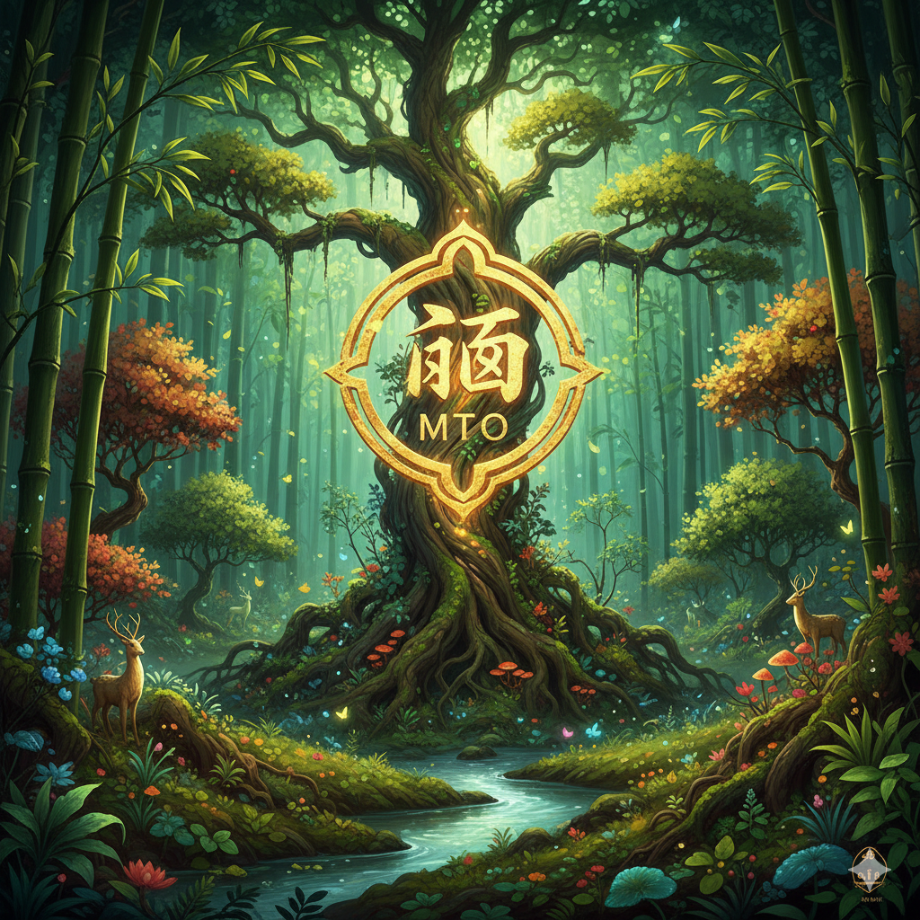 I Cinque Elementi la base della filosofia cinese. Rappresenta.Cinque elementi la base della filosofia Cinese Una foresta su uno sfondo verde con il simbolo del Legno MTO.