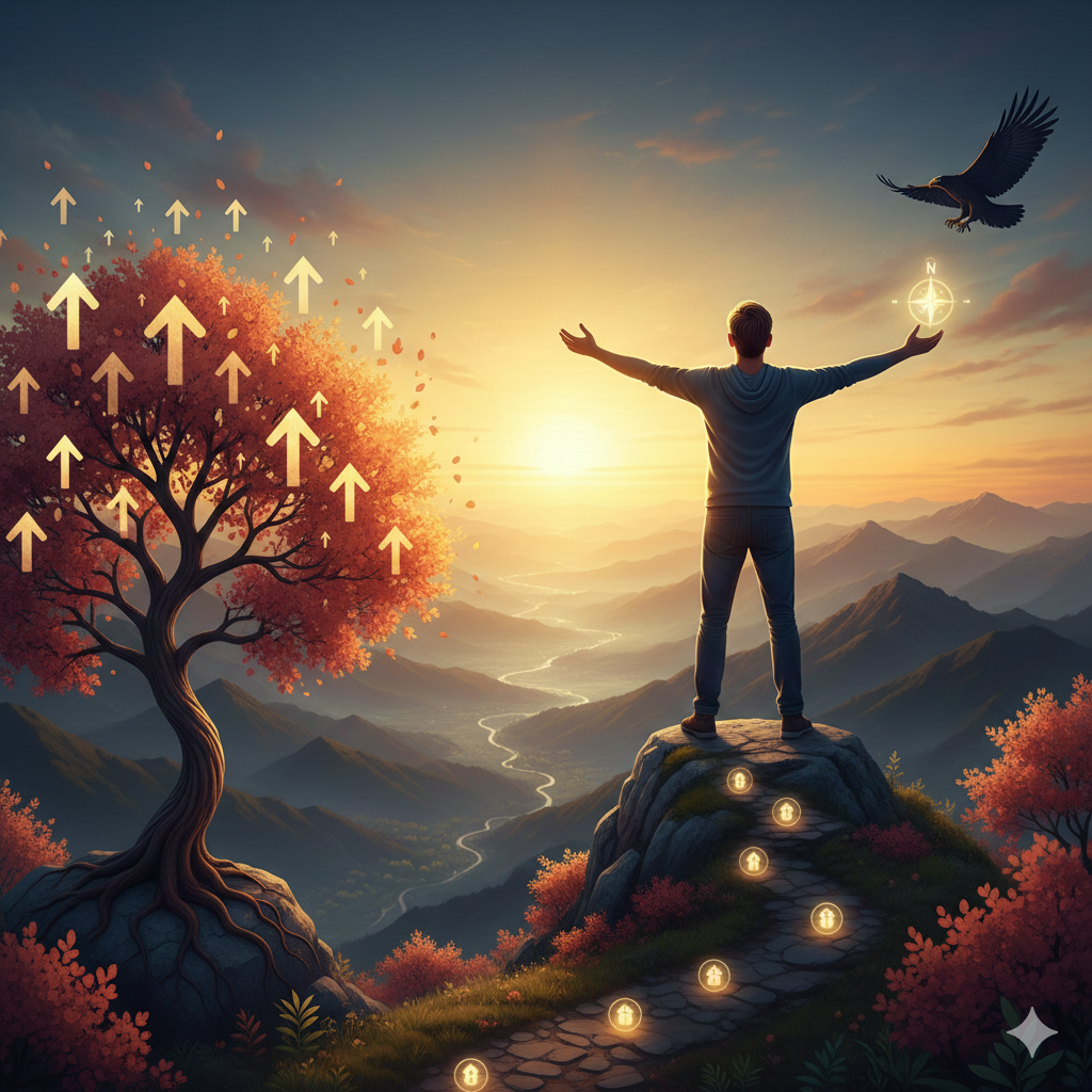 Superare la Sensazione di Inutilità. Rappresenta. Un uomo on le braccia aperte e una pianta per Riscoprire la Propria Utilità e Aumentare l'Autostima.