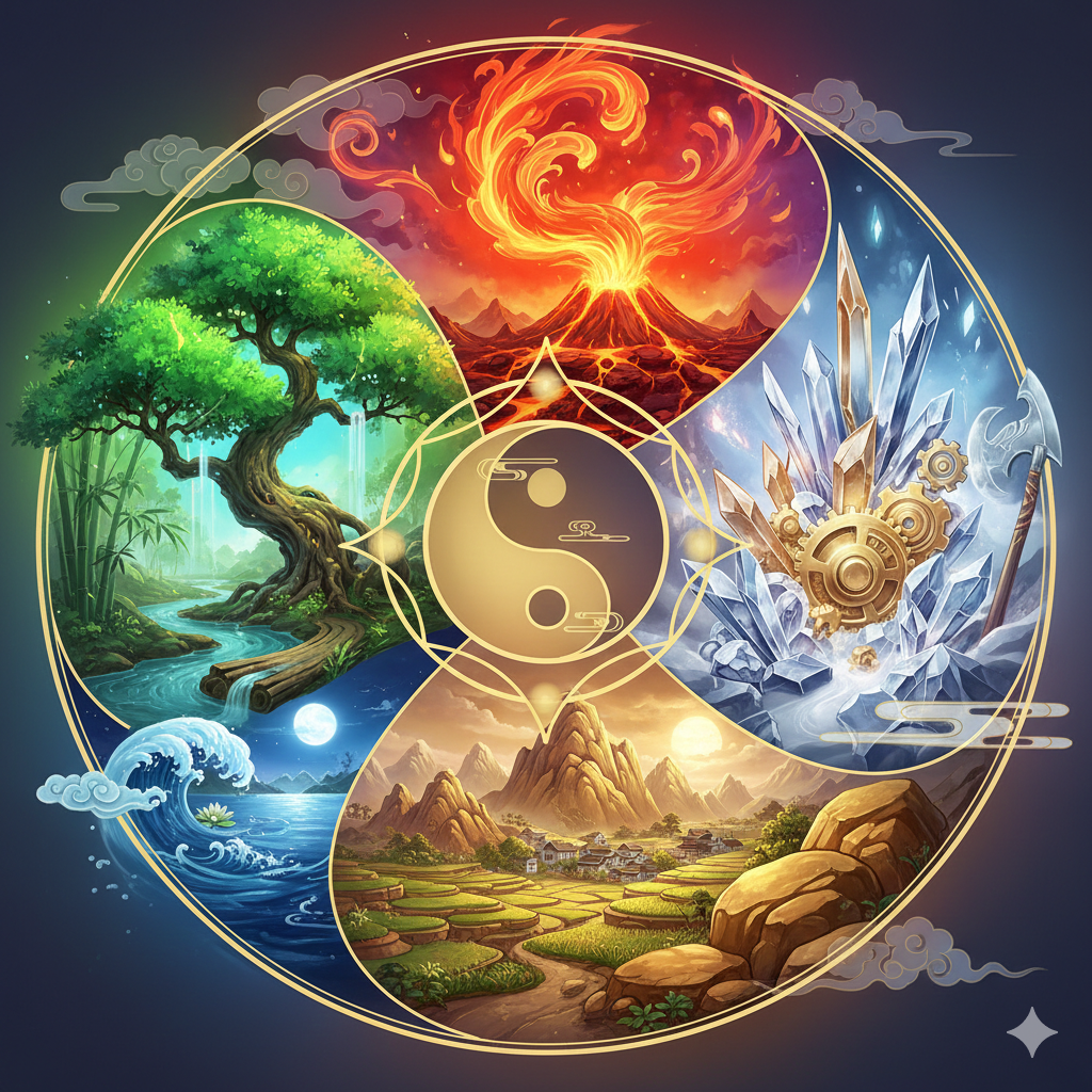 I Cinque Elementi la base della filosofia cinese. Rappresenta i Cinque elementi. Legno-Fuoco-Terra-metallo-Acqua.