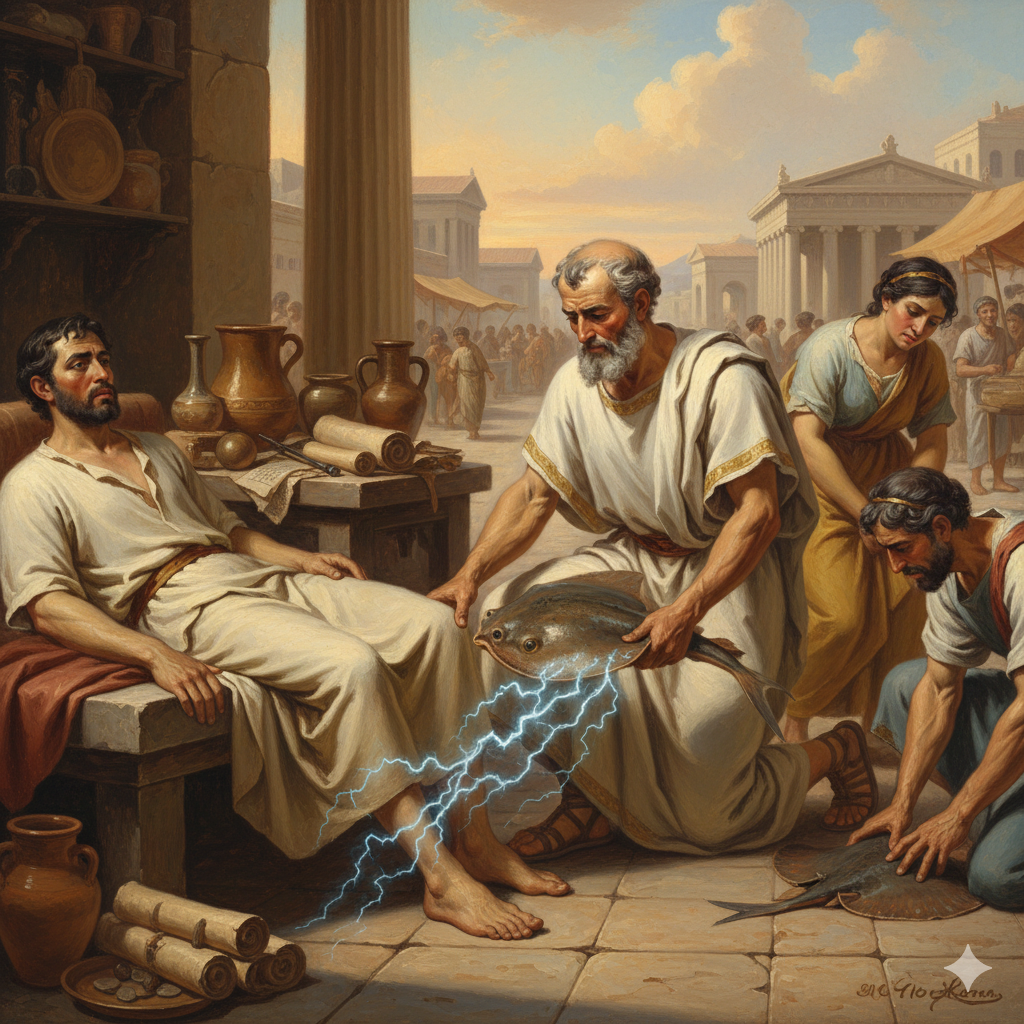 Elettrostimolazione: storia e tecnologia. Rappresenta.
Si narra che il medico greco Scribonio Largo, nel I secolo d.C., prescrivesse l'applicazione di torpedini vive ai piedi dei pazienti affetti da mal di testa cronico o gotta, per alleviare il dolore. L'idea era che la scarica elettrica potesse intorpidire il nervo e ridurre la sensazione di dolore. Anche se la comprensione dei meccanismi era rudimentale, l'efficacia empirica di questi "trattamenti elettrici naturali" era riconosciuta.