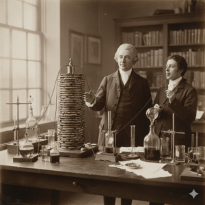 Un Viaggio Elettrizzante
dalla Storia Antica
alla Tecnologia Moderna. Ritratto di Alessandro Volta con la pila Voltaica.