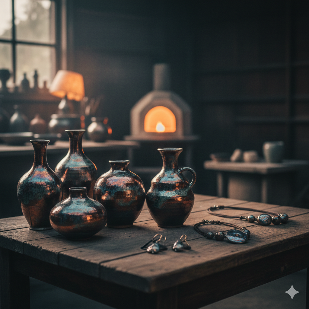 La ceramica Raku una tecnica affascinante. Rappresenta. vasi e Monili creati con la tecnica Raku.