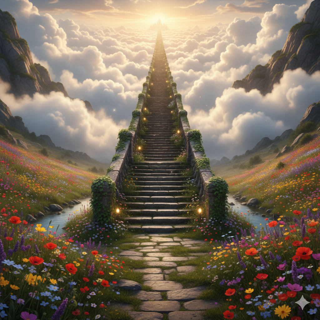 La Mia Esperienza di Guarigione Spirituale. Rappresenta.          
Scala di 1500 scalini che da un prato fiorito sale verso le nuvole.