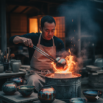 La ceramica Raku una tecnica affascinante. Rappresenta un laboratorio di cottura di ceramiche Raku, un uomo sta cuocendo.