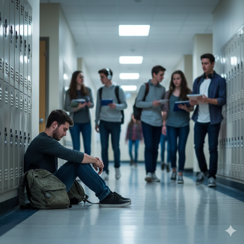 La Solitudine-Isolamento. Rappresenta. Ragazzo seduto a terra nel corridoio della scuola con i ragazzi che passano e lo ignorano.