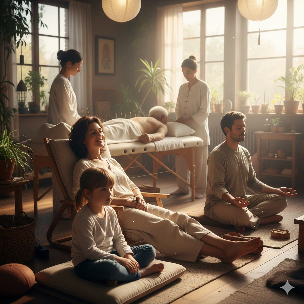 Agopuntura per Tutte le Età e per Animali. Rappresenta. Operatori di agopuntura che applicano gli aghi su persone di tutte l'età, dai bambini alle persone adulte.