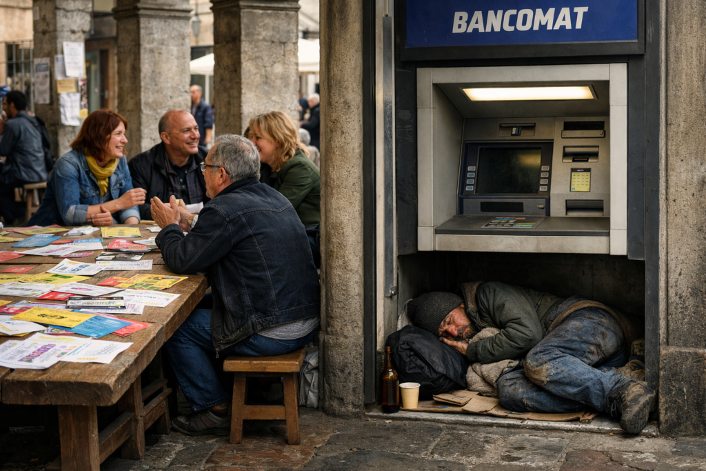 Sotto un portico, persone chiacchierano a un tavolo con volantini mentre un senzatetto dorme in un bancomat