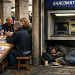 Sotto un portico, persone chiacchierano a un tavolo con volantini mentre un senzatetto dorme in un bancomat