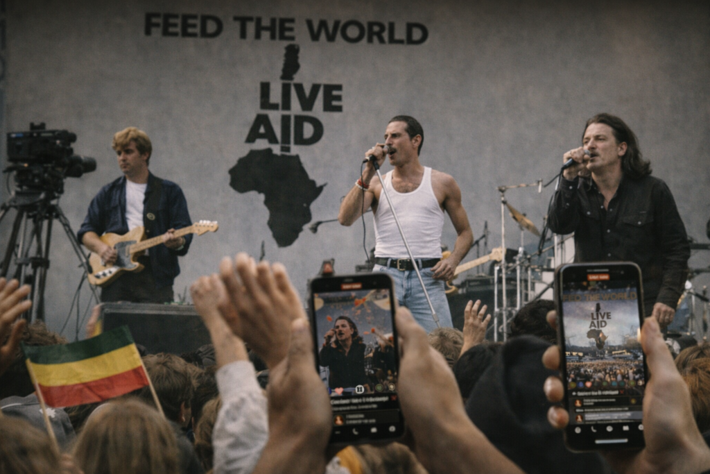 Live aid: I cantanti anni 80, e pubblico che registra con i telefonini