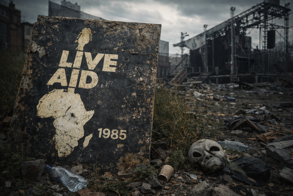Live Aid 40 anni dopo: cartellone sbiadito in rovina urbana, simbolo dell'eco inascoltato di un mondo che non c'è più