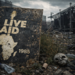 Live Aid 40 anni dopo: cartellone sbiadito in rovina urbana, simbolo dell'eco inascoltato di un mondo che non c'è più