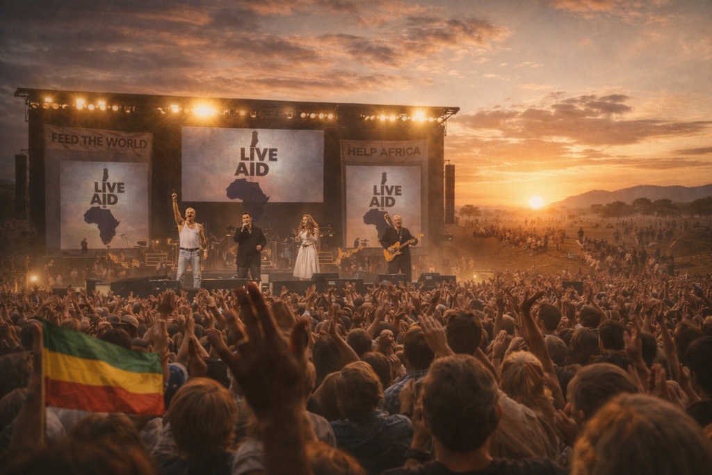 Concerto live aid simbolo di solidarietà globale: artisti e folla uniti dalla musica per accendere speranza nel mondo