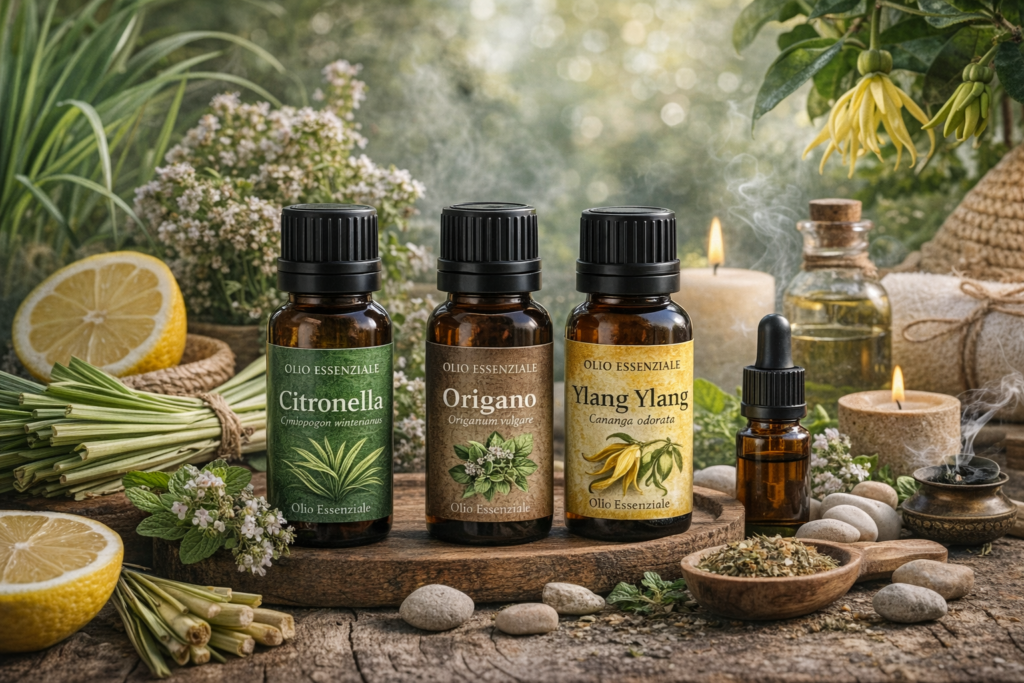 Oli essenziali di citronella, origano e ylang ylang su tavolo naturale, profumi e colori che evocano il respiro dell'estate!!