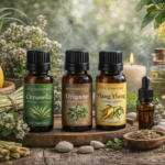 Oli essenziali di citronella, origano e ylang ylang su tavolo naturale, profumi e colori che evocano il respiro dell'estate!!