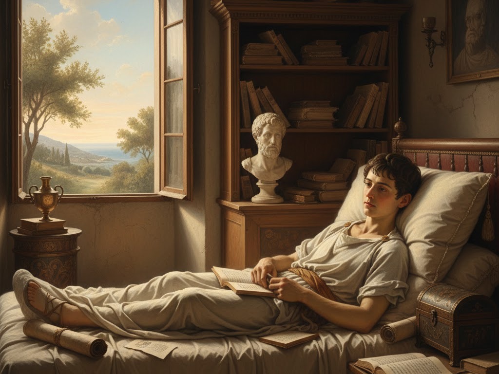 Seneca giovane e malato riflette a letto circondato da pergamene, simbolo di studio, fragilità e nascita del pensiero stoico