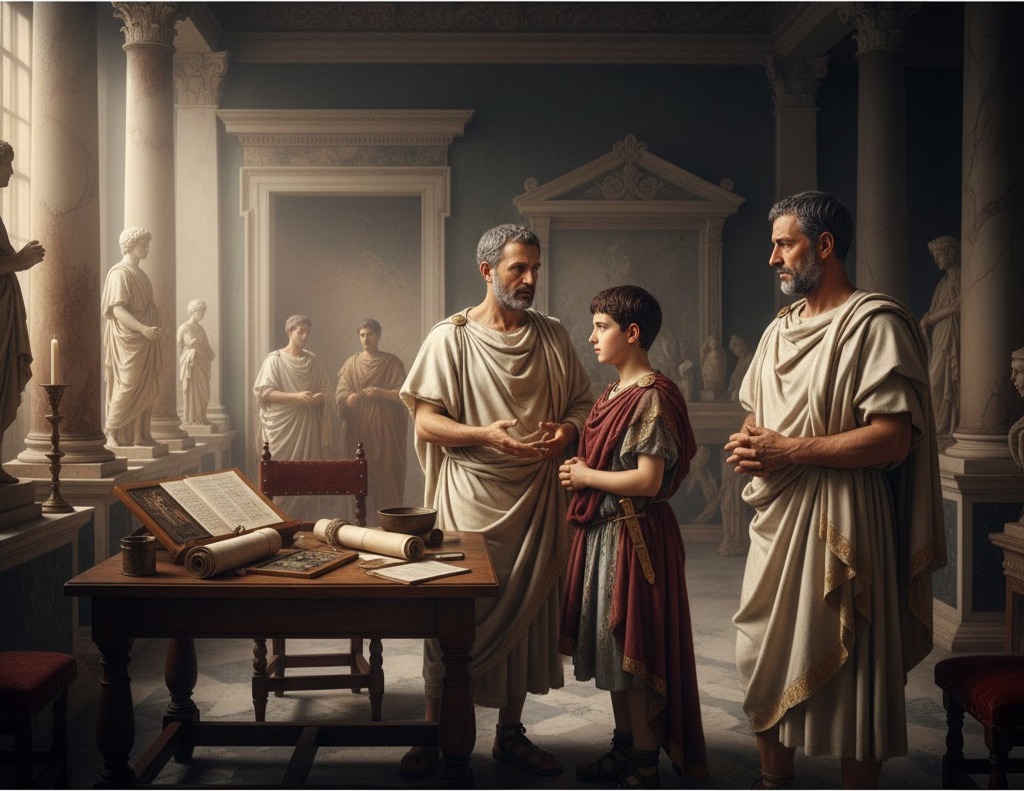 Seneca maestro romano istruisce il giovane Nerone in una domus, tra luce e ombra simbolo di saggezza e potere