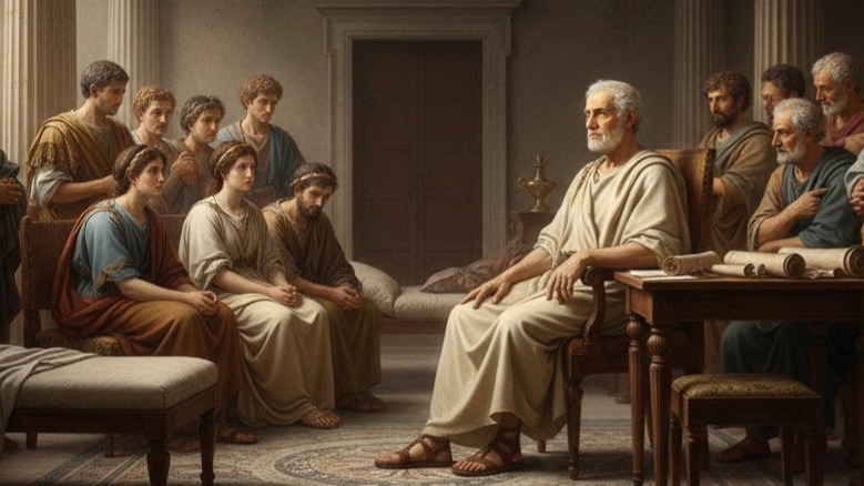 Seneca anziano trasmette le sue ultime parole ai discepoli con calma e dignità, simbolo di saggezza e accettazione stoica