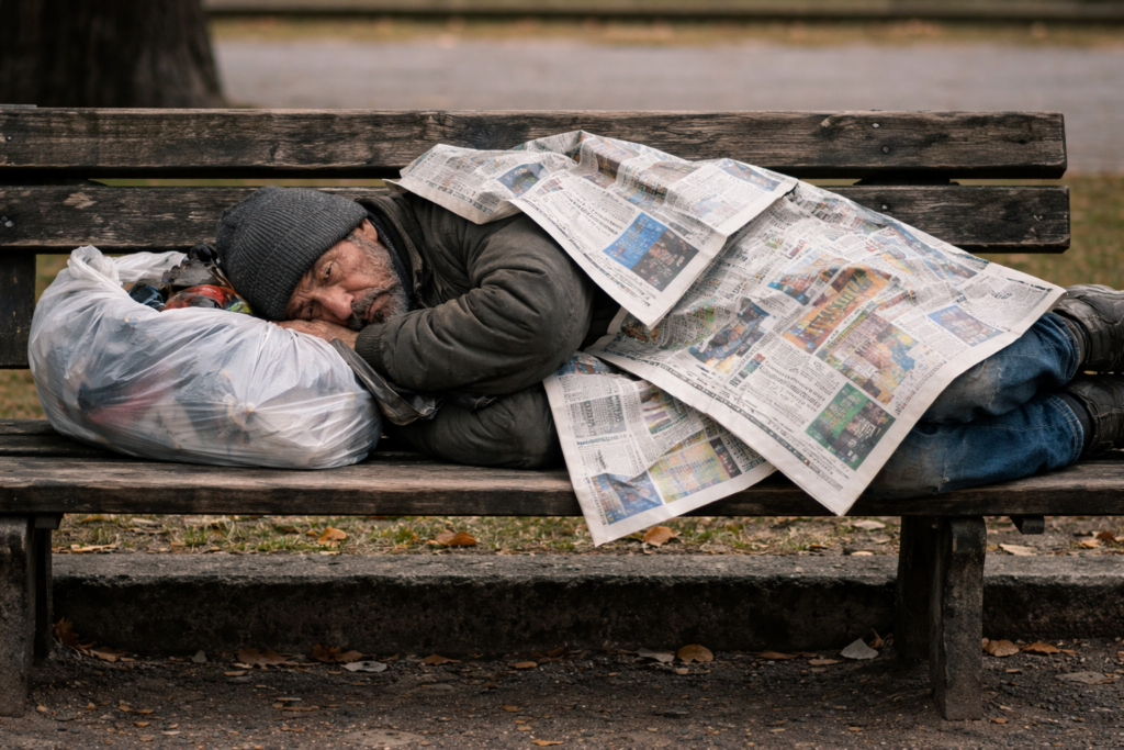 Senza tetti dorme su panchina, coperto di giornali: senza tetti l'invisibile barriera tra noi e chi ha perso tutto