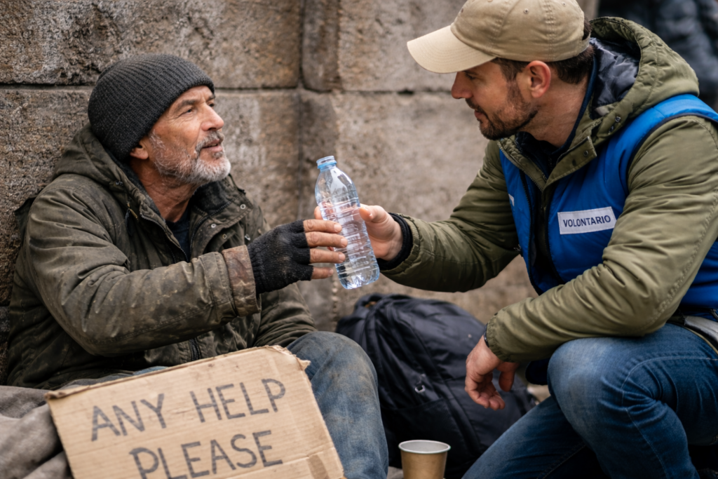 Volontario consegna bottiglia d’acqua a un senzatetto a terra, mostrando l'invisibile barriera tra noi e chi ha perso tutto!!
