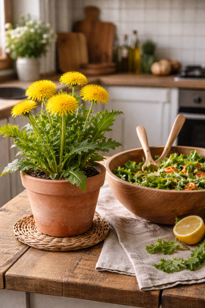 Tarassaco in vaso su tavolo da cucina, accanto insalatiera con foglie condite e posate, in ambiente rustico moderno