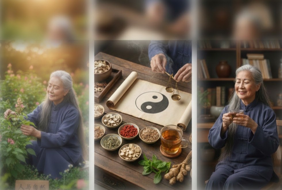 Donna anziana pratica medicina tradizionale cinese: raccoglie erbe, pesa ingredienti naturali e beve un infuso benefico.