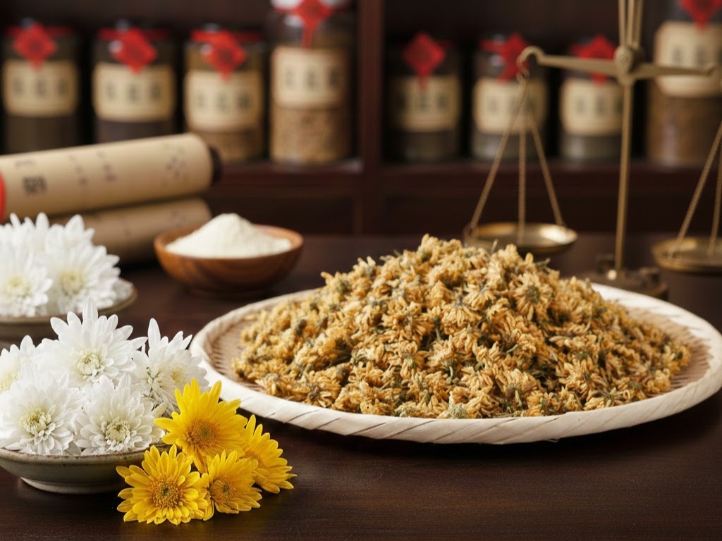 Crisantemo Ju Hua: fiori freschi, secchi e polvere su banco con bilancino. Rimedio cinese per vista e calore del fegato.