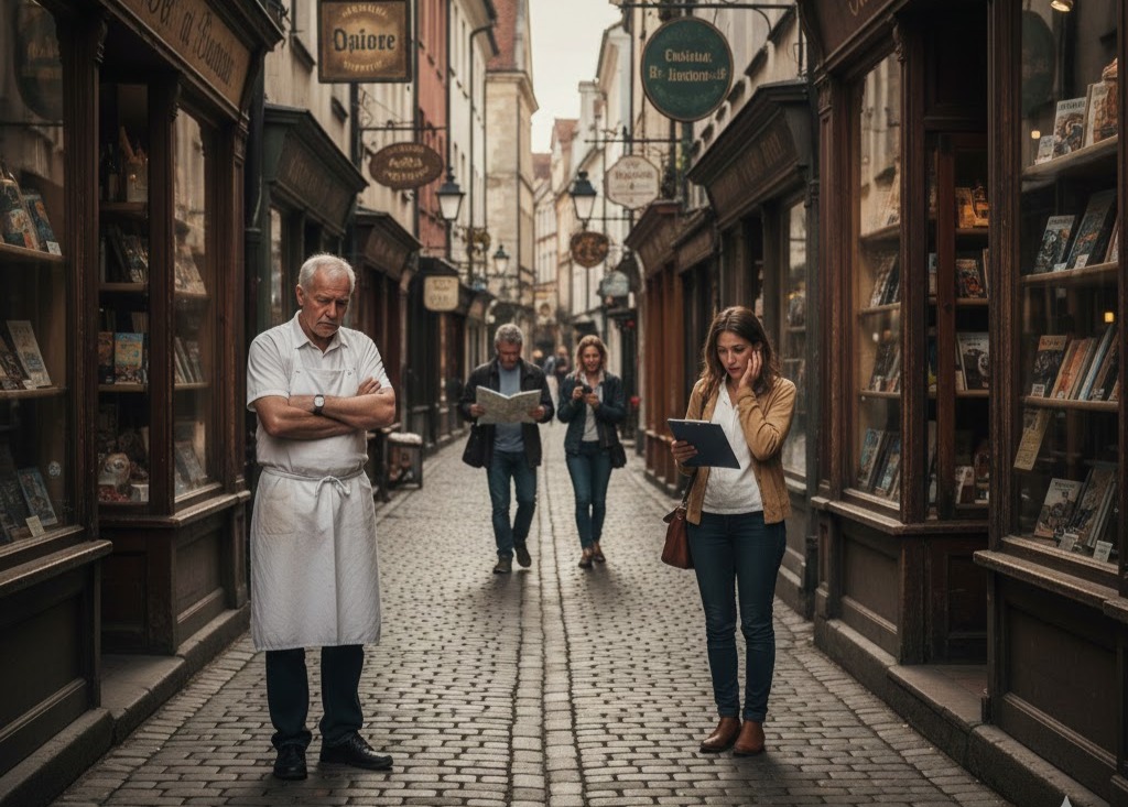 Foto: Pochi turisti per la via con negozianti fuori dai negozi visibilmente preoccupati. Effetto farfalla in economia