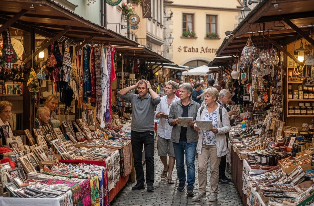 Foto: Bancarelle di ambulanti. I pocchi turisti che passeggiano guardano Effetto farfalla in economia
