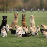 Foto gruppo di cani cuccioli che giocano. Ci sono meticci, cuccioli di akita inu, pastori tedeschi labrador e meticci che giocano insieme. In secondo piano ci sono gli adulti che vigilano. Giornata internazionale del cane