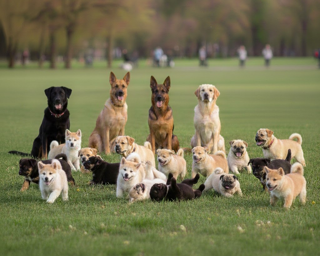 Foto gruppo di cani cuccioli che giocano. Ci sono meticci, cuccioli di akita inu, pastori tedeschi labrador e meticci che giocano insieme. In secondo piano ci sono gli adulti che vigilano. Giornata internazionale del cane