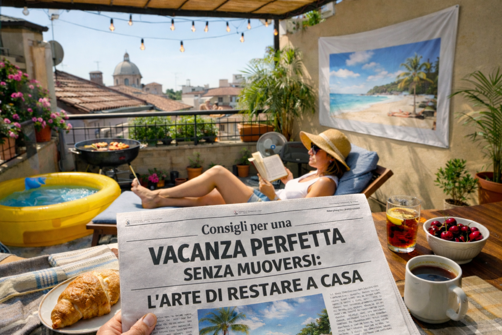 Foto: Terrazza urbana estiva: donna legge sdraiata, piscina gonfiabile, colazione e giornale su tavolo; vista sui tetti e atmosfera di vacanza a casa relax zen. Consigli per una vacanza perfetta senza muoversi