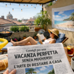 Foto: Terrazza urbana estiva: donna legge sdraiata, piscina gonfiabile, colazione e giornale su tavolo; vista sui tetti e atmosfera di vacanza a casa relax zen. Consigli per una vacanza perfetta senza muoversi