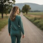 Foto: Donna di spalle cammina su strada sterrata in campagna con alberi e colline, indossa tuta verde smeraldo, atmosfera calma e meditativa. Il viaggio autentico alla scoperta di se