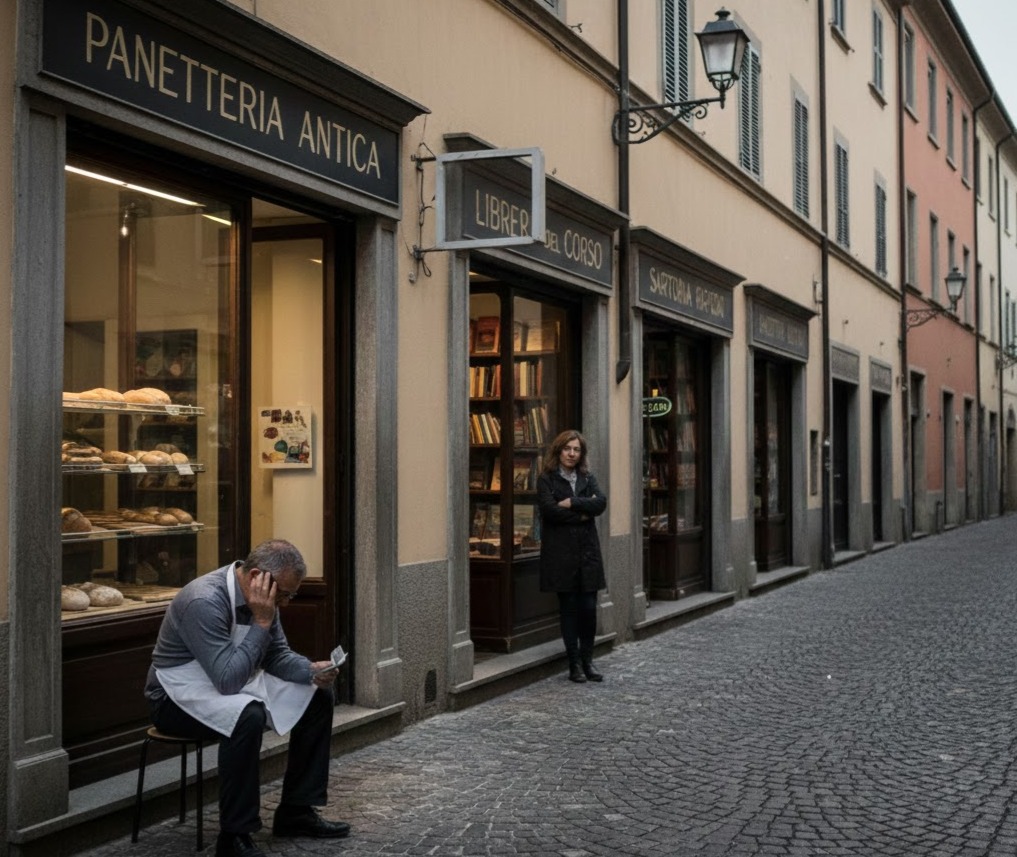 Foto: Negozianti disperati davanti ai loro negozi dagli scaffali poco riforniti. Chi seduto coon i conti in mano, chi in piedi. La via è vuota. Effetto farfalla in economia