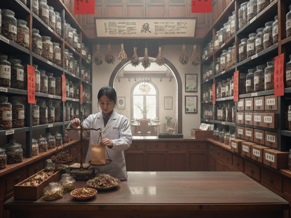 Farmacista pesa erbe su bilancia d'epoca in una farmacia tradizionale cinese con scaffali in legno e barattoli di vetro.