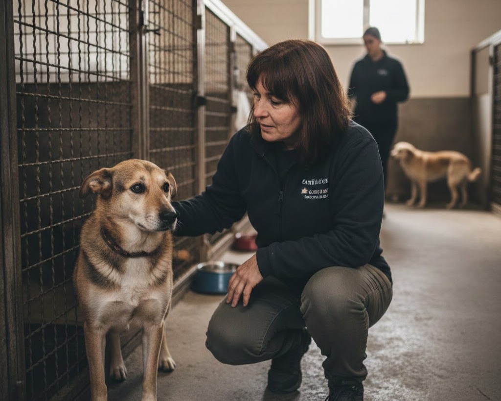 Foto: Interno di un canile. In primo piano un cane adulto con occhi spenti e una volontaria accanto che lo accarezza. Sullo sfondo gabbie e altri volontari con cani. Giornata internazionale del cane