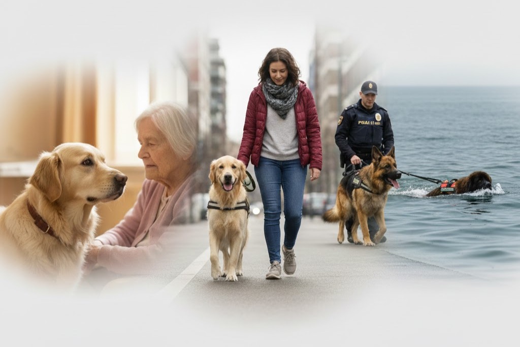 Foto, Cani lavoratori: Un cane da cura con un'anziana, un cane guda con un cieco, un pastore tedesco con un poliziotto, un terranova da salvataggio. Giornata internazionale del cane.