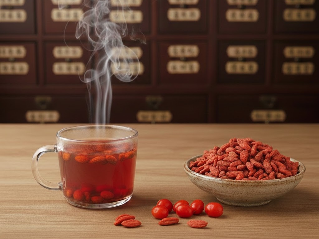 Bacche Goji: fresche, secche e in infusione fumante su banco farmacia cinese in legno. Rimedio per energia e longevità.
