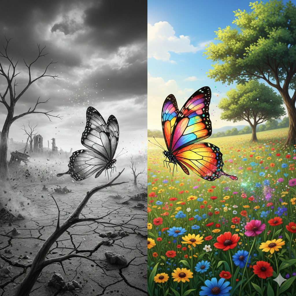 Affrontare le difficoltà con la volontà I. Rappresenta. 2 paesaggi con farfalle Un paesaggio tutto grigio e uno tutto a colori con la farfalla colorata che cerca di salvare l'altra farfalla del paesaggio grigio.