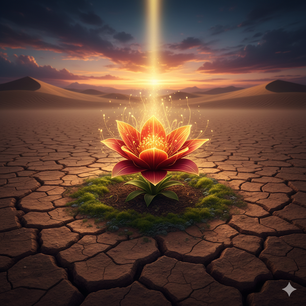 Affrontare le difficoltà con la volontà I. Rappresenta.
Fiore che sboccia nella terra arida del deserto.